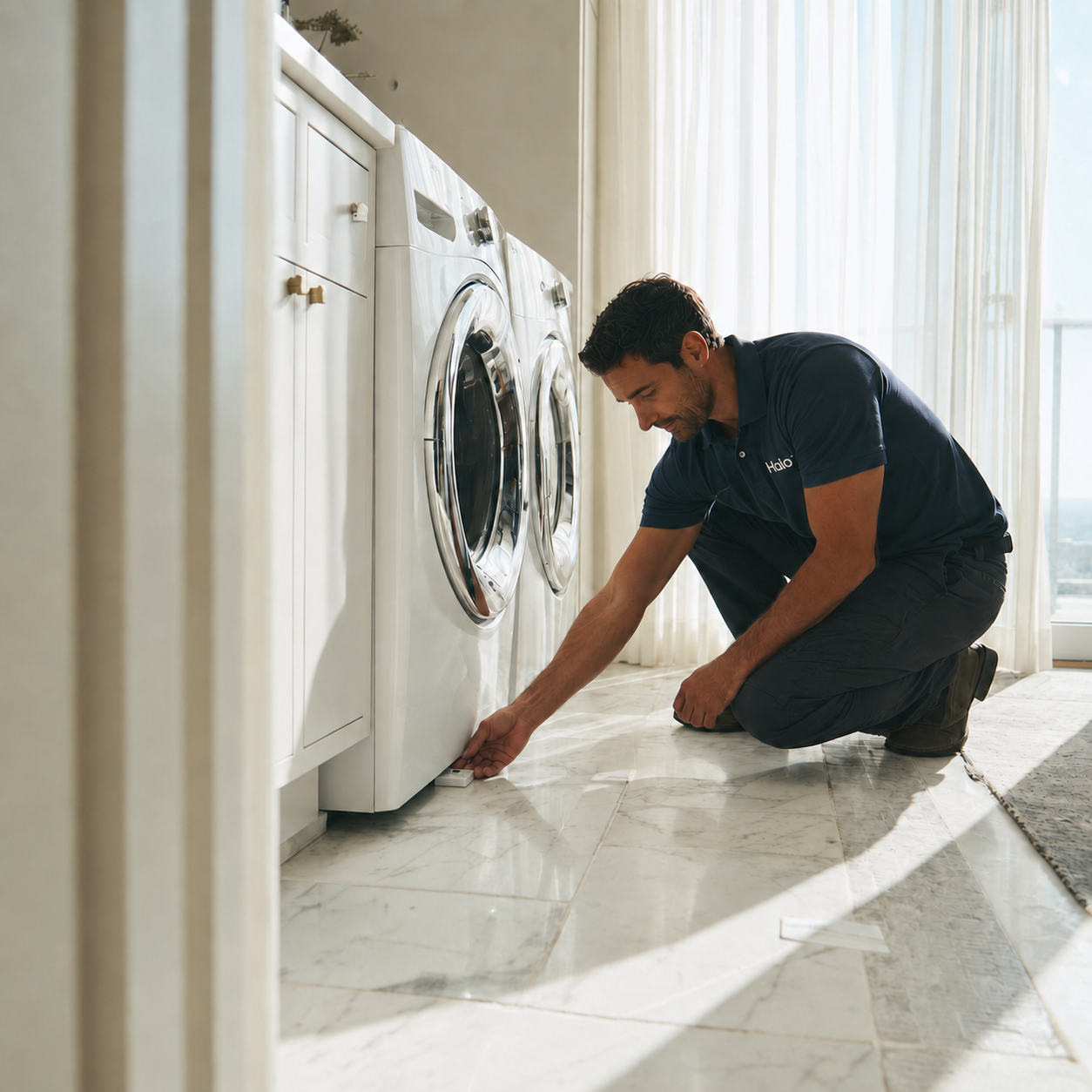 Halo technician placing a leak sensor beneath a washing machine in a bright condo laundry room